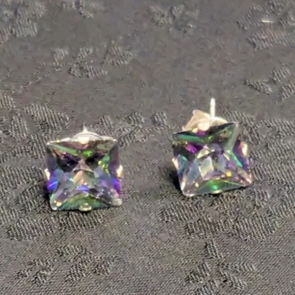 🆕 Simulated Mystic Topaz Earrings Memorizing CZ Stud Earrings Sterling Silver - Picture 5 of 13